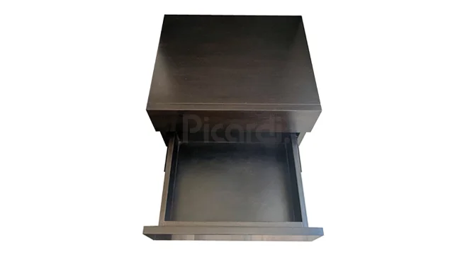 vista superior de mesa de luz flotante con segundo cajón abierto mostrando su capacidad