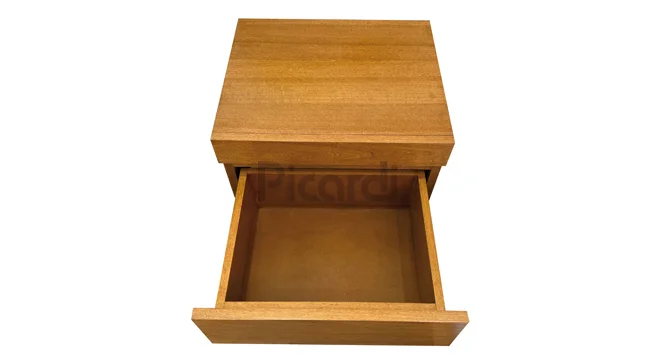 vista superior de mesa de luz flotante con cajón abierto mostrando su profundidad