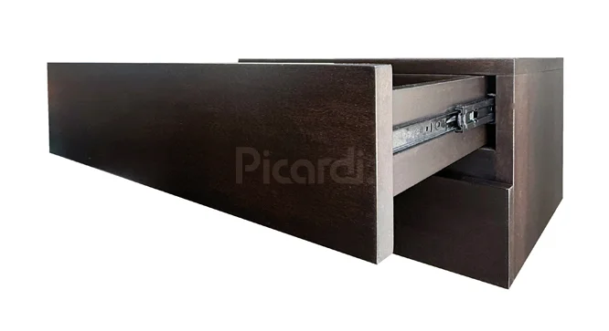 detalle de cajón abierto con corredera telescópica en mesa de luz flotante de madera