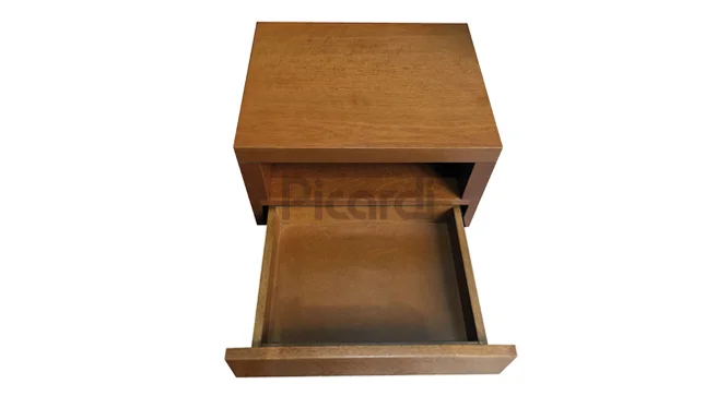 vista superior de mesa de luz flotante con cajón abierto y estante inferior