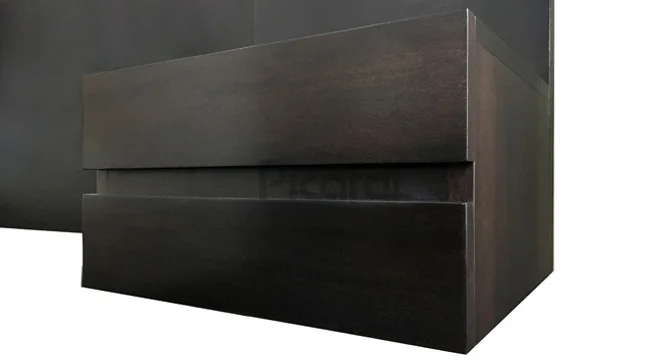 Mesa de luz flotante de madera con 2 cajones en lustre wengué, vista en diagonal